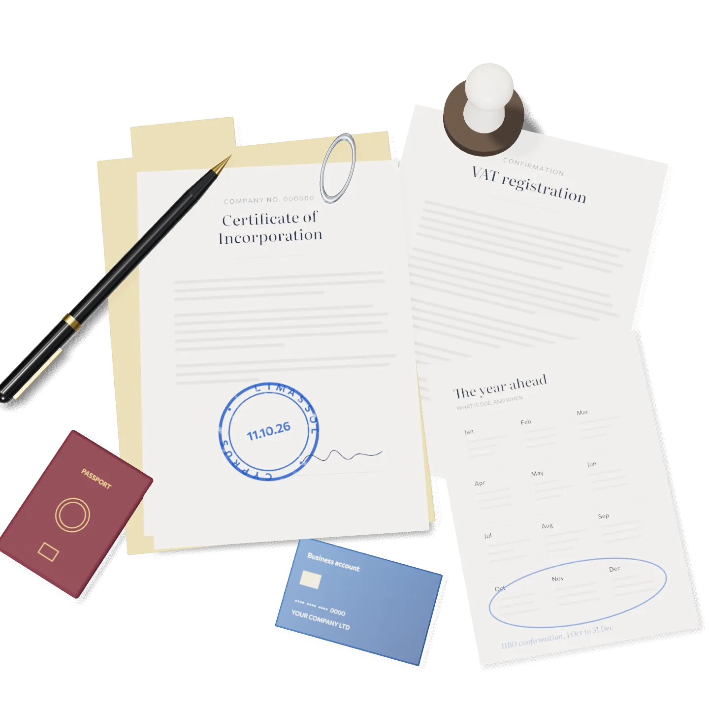 A desk with a blue folder, a written proposal, a certificate of incorporation with a Limassol stamp, a VAT registration, a passport, a business bank card and a calendar with October to December circled for the UBO confirmation.