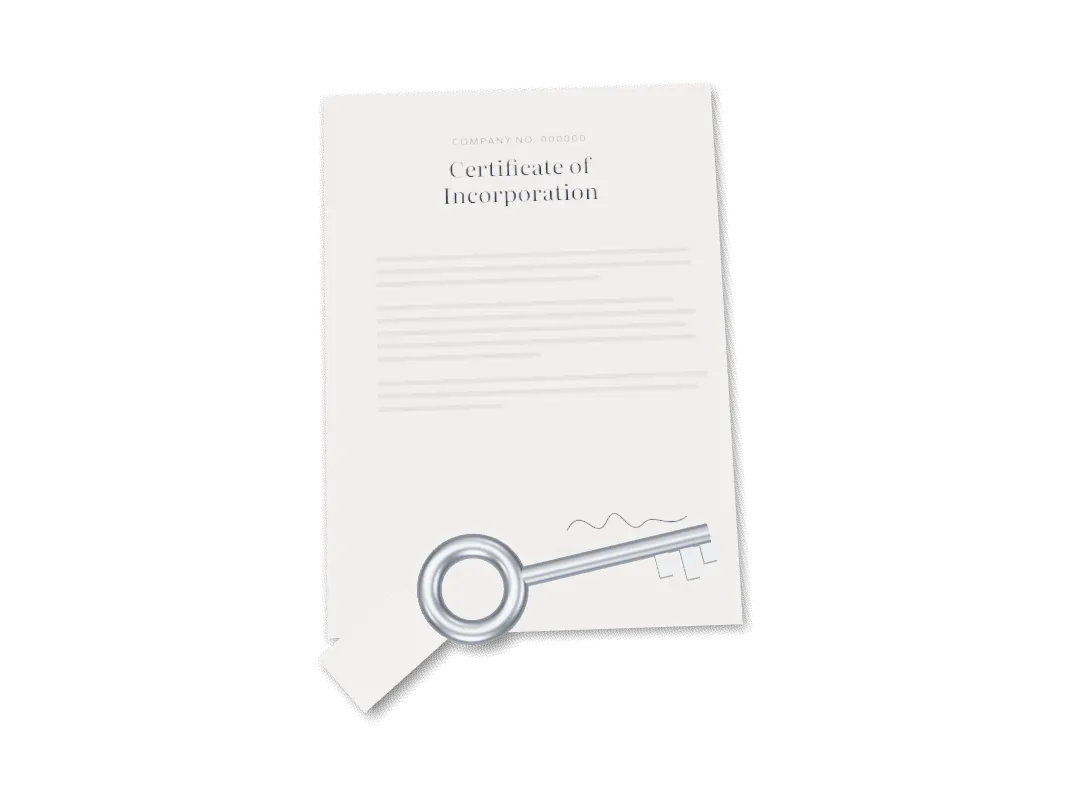 A set of office keys beside a certificate of incorporation.